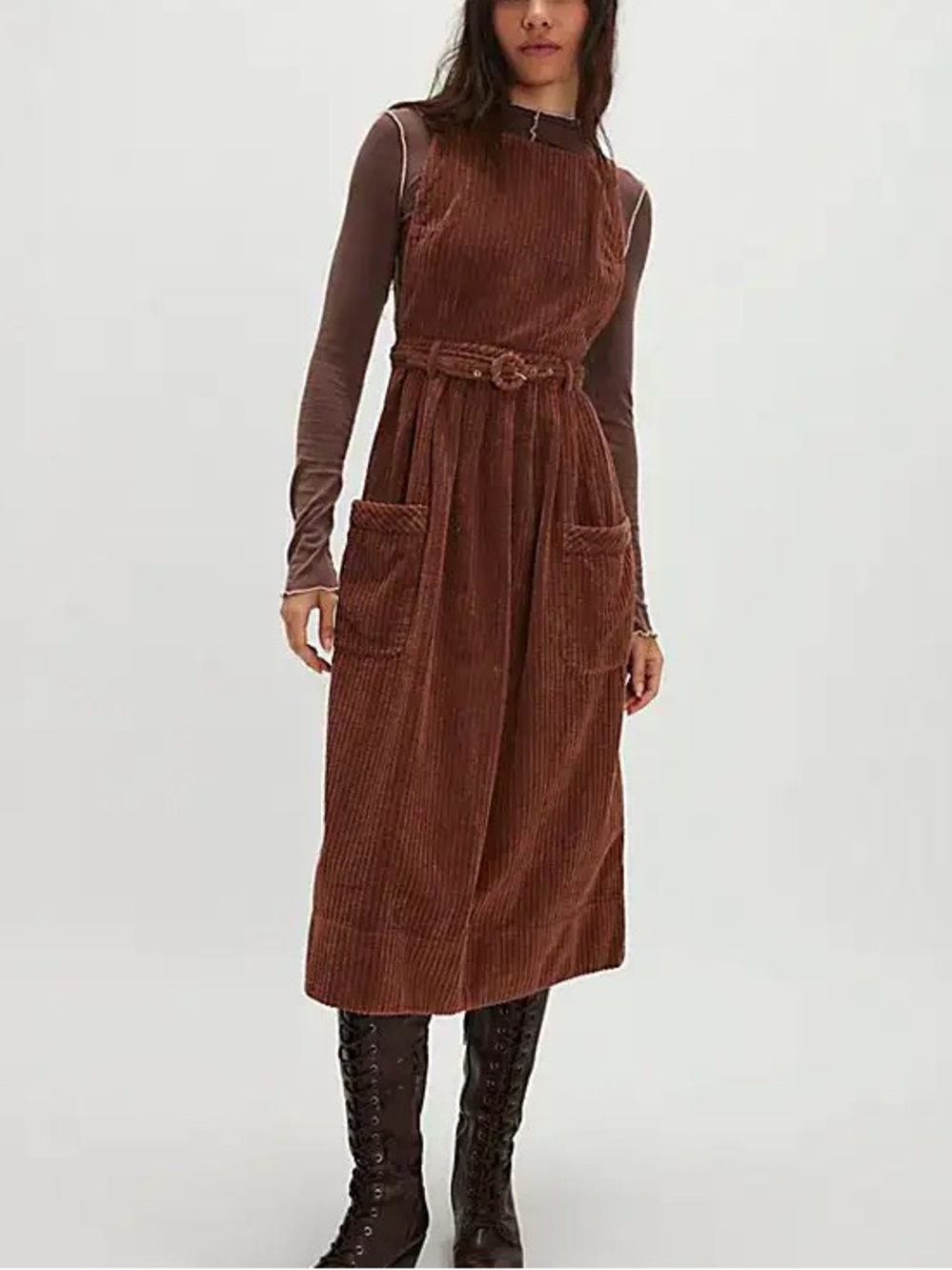 Free People Brown Corduroy Midi Pinafore Dress